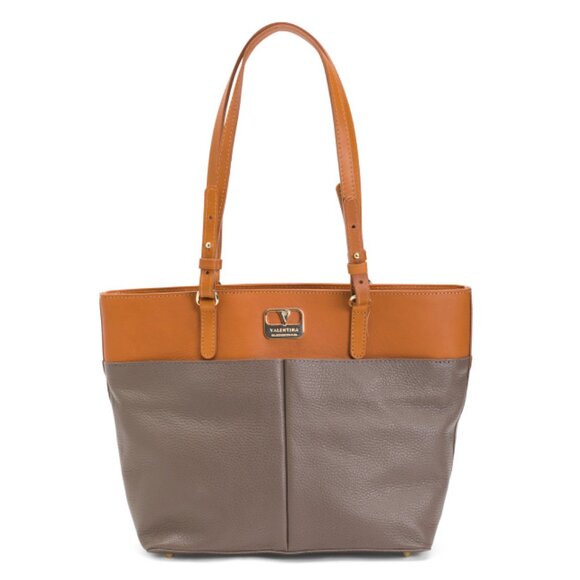 VALENTINA Taupe Made In Italy Leather Tote With Double Outside Pockets